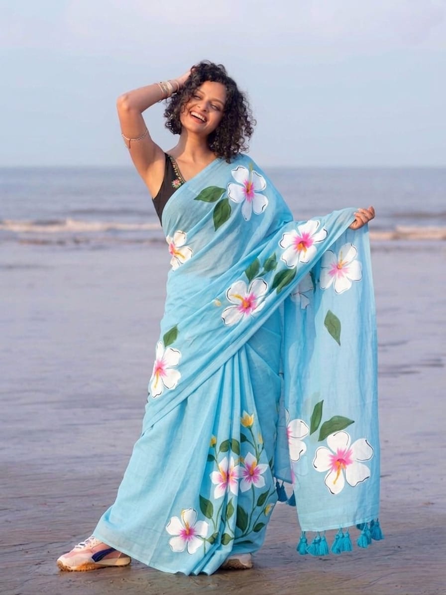 Hand Painted Mul Cotton Saree